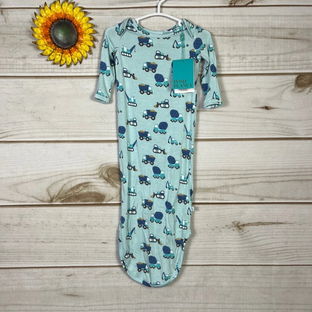 Posh Peanut Construction Truck Viscose Bamboo Knotted Gown Blue 0-3 Months NWT